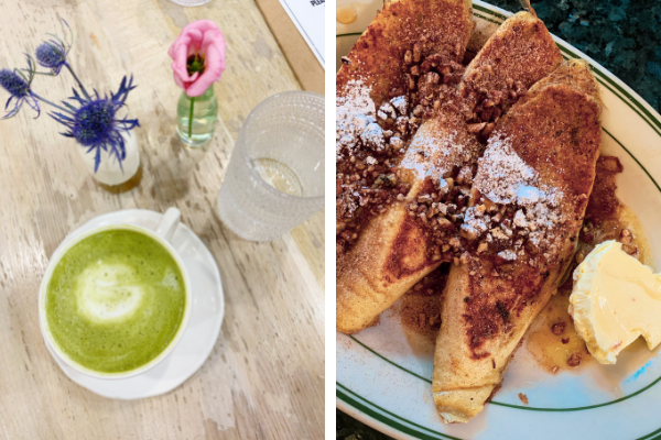 side-by-side showing a matcha latte and french toast by restaurants on Nantucket