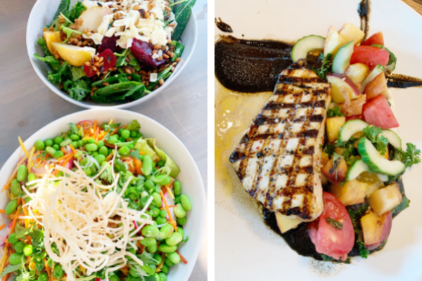 ide-by-side showing salads and a swordfish dinner cooked by chefs on Nantucket