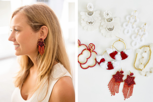 Young woman wearing Lisi Lerch Fringe earrings, shown with white, crimson, red and gold statement jewelry
