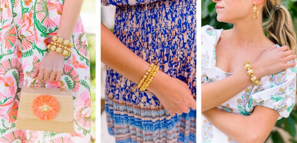 collage showing closeup of models wearing stackable beaded bracelets on wrists