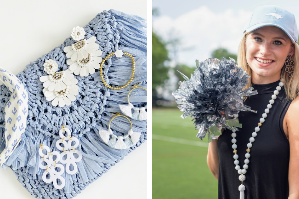 Bluebell colored straw handbag with white Natalie earrings and college student wearing beaded statement earrings