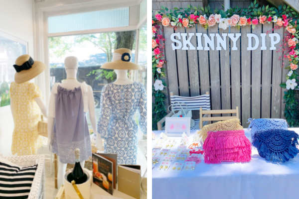 side-by-side showing mannequins wearing dresses and Lisi Lerch hats and Lisi Lerch handbags on a table at Skinny Dip on Nantucket