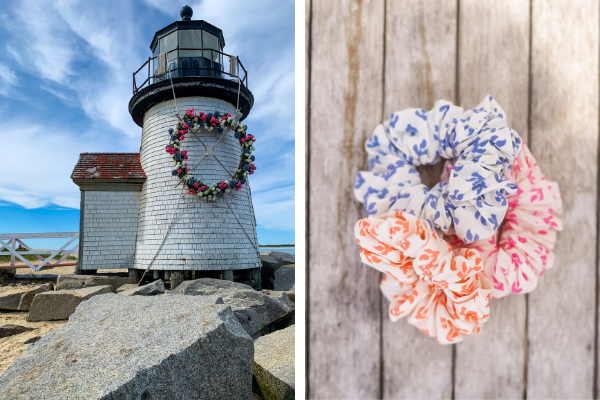 side-by-side showing Brant Point Lighthouse on Nantucket and Lisi Lerch block print hair scrunchies