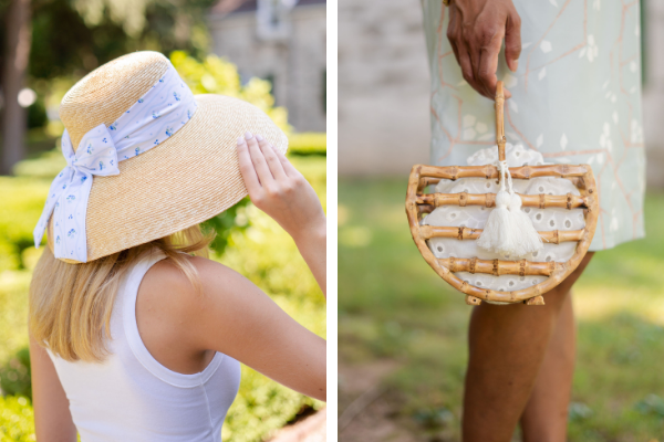 side-by-side image showing model wearing large brim straw hat and carrying a bamboo purse