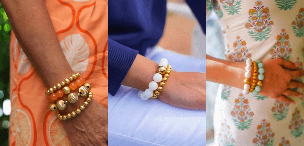 collage showing Lisi Lerch Georgia quartz bead bracelets on three models wrists