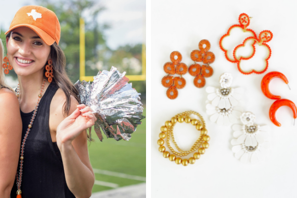 College fan showing team spirit with stackable Lisi Lerch accessories, earrings and gold beaded bracelet