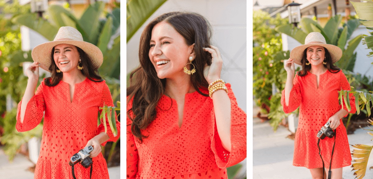 collage showing woman on tropical vacation wearing Lisi Lerch straw hat and jewelry