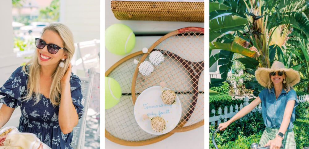 collage showing tennis rackets and woman on vacation wearing raffia earrings