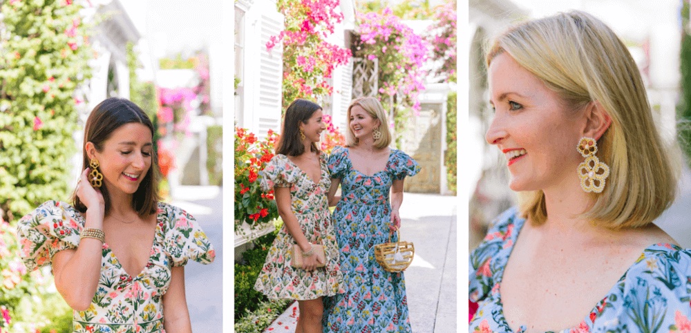 collage showing women wearing flowered dresses and gold floral statement earrings